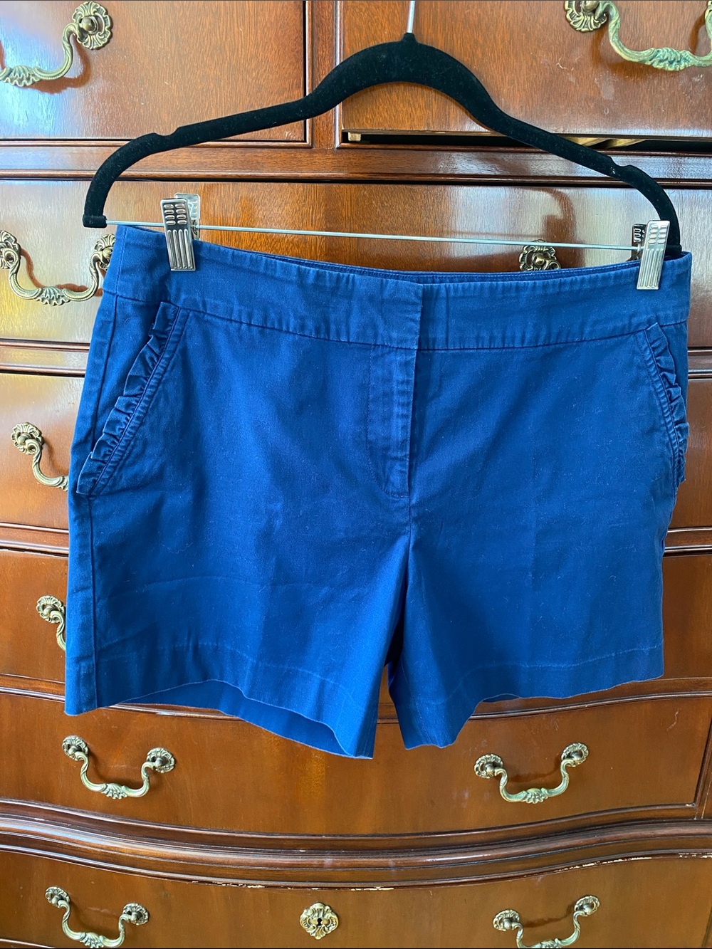 Talbots Deep Navy 98% Cotton Bermuda Shorts with slant pocket ruffle detail.